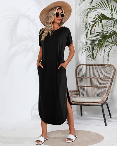 Image of Riyiper 2 Pieces Women's Short Sleeve Maxi Dress Round Neck Casual Loose Split Long Summer Beach Shirt Dress with Pockets