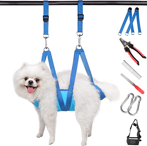 Kit de Fournitures de toilettage pour Animaux de Compagnie pour Chien et Chat, hamac Respirant pour Chien, Harnais de Suspension pour Le toilettage, Peigne, Masque (L(18,5 à 31,5 kg), Bleu) Cover
