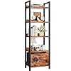 Furologee 5 tier bookshelf with drawer tall narrow bookcase with shelves wood and metal bookshelves storage organizer industrial display standing shelf unit for bedroom living room rustic brown  urban country home decor