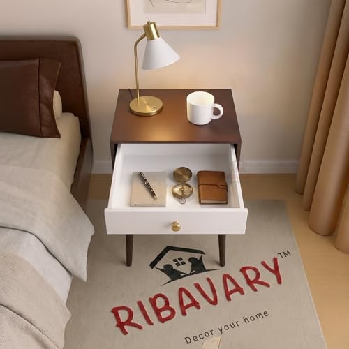 Image of Modern Bedside Table Nightstand with Solid Wood Legs, Practical End Side Table with Drawer Storage for Small Spaces Wooden Bedside Table, Coffee Table, Living Room /Bedroom (Brown-White)