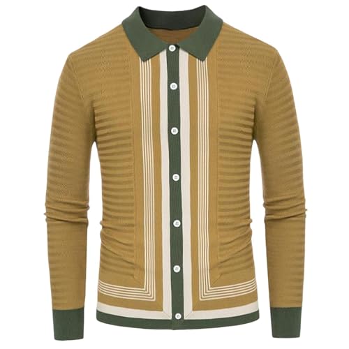 Cambkatl Men's Color Block Lapel Collar Cardigan Sweaters, Button Down Casual Long Sleeve Knitted Retro Outerwear Tops