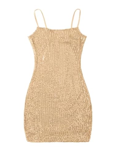 EXARUS Girls Sparkly Sequin Bodycon Dress School Dance Graduation Party Special Occasion Spaghetti Strap Homecoming Mini Tight Dresses Champagne 10Y