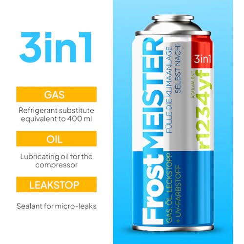 FrostMEISTER 3in1 – Auto-Klimaanlagen-Nachfüllset (2X 400 ml Dose + Schlauch mit Manometer & Adapter) – Ersatzkältemittel, Kompressoröl & Dichtmittel für R1234yf (ab Baujahr 2017)