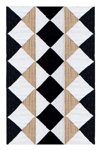CASAVANI Kelim Teppich, 7,6 x 12,7 cm, Schwarz / Weiß, Jute-Teppich, handgefertigt, Heimdekor, ideal für stark frequentierte Bereiche im Schlafzimmer, Küche, Spielzimmer
