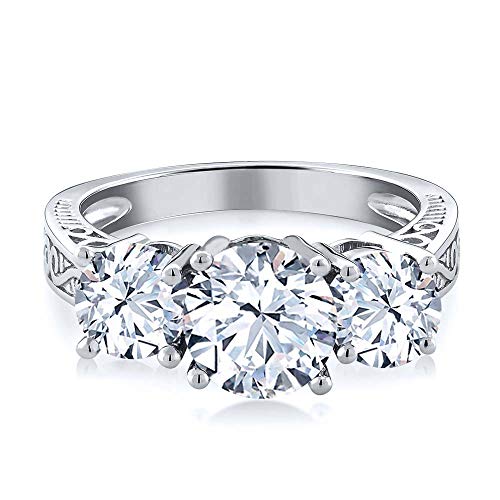 Gem Stone King 925 Sterling Silver White Topaz 3-Stone Engagement Ring For Women (2.90 Cttw, Gemstone Birthstone, Round 7MM and 5MM, Available In Size 5, 6, 7, 8, 9)2