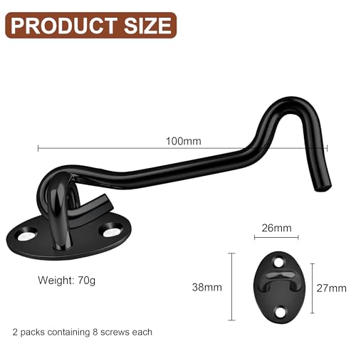2PCS Hook and Eye Latch 4 Inch Black Stainless Steel Gate Latch- Ideal for Door Locks Without Drilling Garden Gates Over Door Sheds Bathrooms Bedroom Door Lock - Image 2