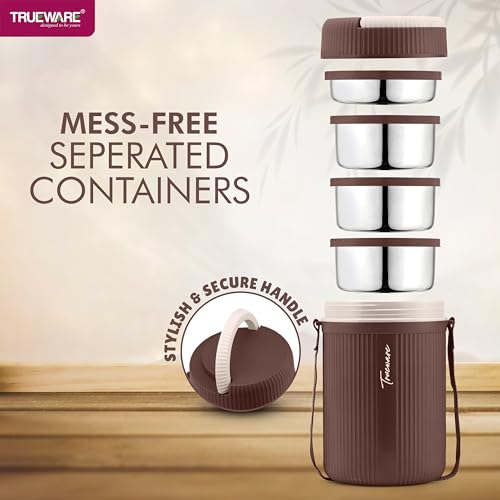 Image of Trueware Plastic Grub 4 Double Wall Insulated Hot Lunch Box with 3 SS Container 300 Ml Each & 1 SS Container 200Ml | BPA Free | Food Grade | Hot and (LBI-GRB-004-Brown BAZ)