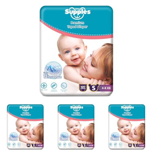 Image of Amazon Brand - Supples Premium Small Taped Diapers | Derma Tested, Extra Soft, High Absorbency with Wetness Indicator & Umbilical Cut Design, 12 Hrs Absorption | Small | 4-8 Kg | 64 Count (Pack of 4)