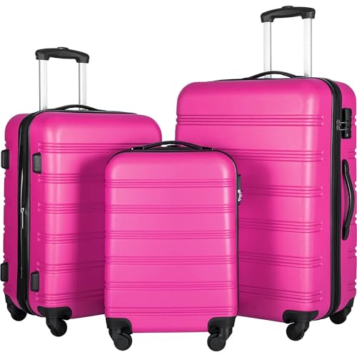 3 Piece Lightweight Hardside Spinner Luggage Set - Expandable ABS Travel Suitcase Set in Pink