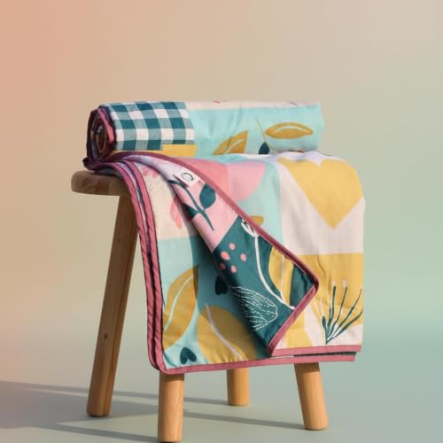 Image of LORETO - A QUALITY LINEN BRAND 100% Cambric Cotton Double Dohar 88 x 90 Inches, 3-Layer Lightweight AC Blanket with Soft Cotton Flannel Filling, Summer Quilt, Reversible, Pastel Garden on White Grid