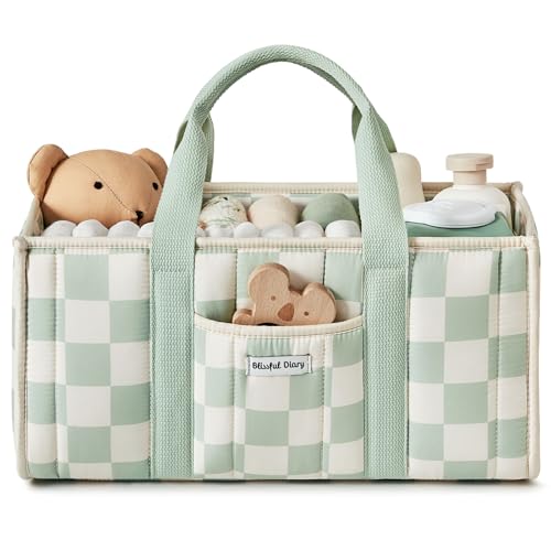 Image of Blissful Diary Checkered Diaper Caddy Organizer, Stylish Nursery Storage Basket, Gift for Baby Shower, Newborn Essentials, Registry Search Must Haves, Sage Green