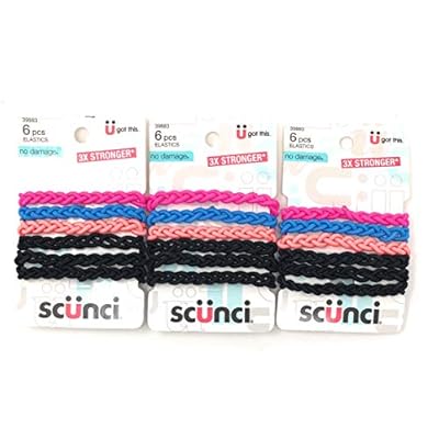 Scunci Everyday &amp; Active Braided No Damage and Super Comfy Hair Elastics Bundle - Black and Multi-Colored, 3 Packs (18 Count)