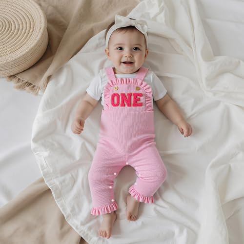 BULINGNA Baby Girl 1st 2nd Birthday Outfit Sleeveless Letters Embroidery Jumpsuit Overalls Corduroy Birthday Clothes3