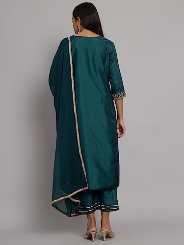 Image of VredeVogel Women's Silk Blend Embroidered Kurta with Pant & Nazneen Dupatta Set
