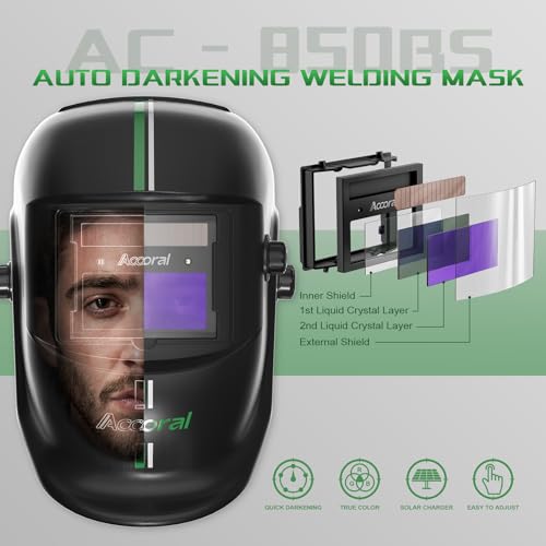 Accoral AC-850BS 1/1/1/1 Large Viewing Auto Darkening Welding Helmet True Color Solar Powered Weld Hood Wide Shade 4/8.5-12.5 thumb #2