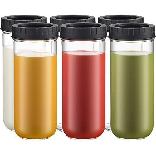 Glass Drinking Bottle Travel Drinking Jars 6 Pack, 16oz Mason Jars Regular Mouth Beverage Bottle with Airtight Lids, Reusable Water Bottle Skinny Tumbler for Juice Smoothies Kombucha Tea Milk Shakes