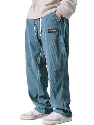 ZAFUL Mens Casual Pants Corduroy Drawstrings Letter Printed Solid Color Wide Leg Straight Long Pockets Sweatpants