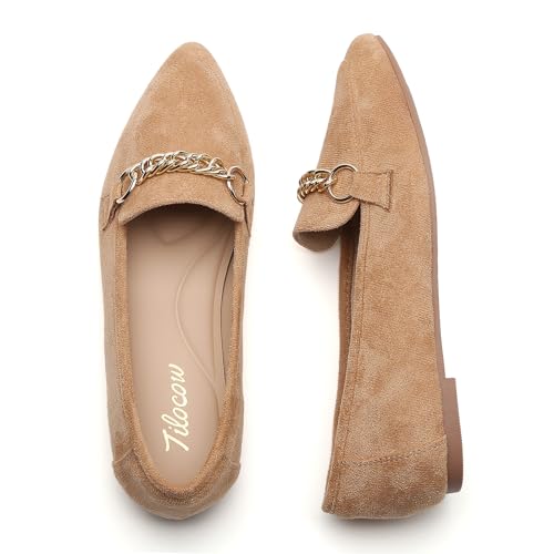 Image of Tilocow Metal Chain Loafers for Women Pointed Toe Slip on Flats Comfortable Fashion Work Shoes