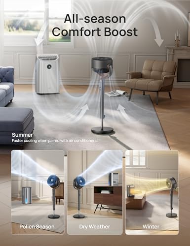Image of DREO Fan for Bedroom, 120 Oscillating Standing Fans, Quiet Floor Fan with DC Motor, 100ft Pedestal Fans for Room, 9 Speeds, 4 modes, 120 Manual Vertical, 37-42 inch Adjustable Height, 8H Timer