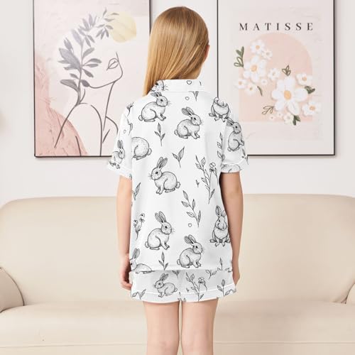 ALAZA Rabbit White Cartoon Leaf Pajamas Satin Pajama Set Short Sleeve Button Down Sleepwear4