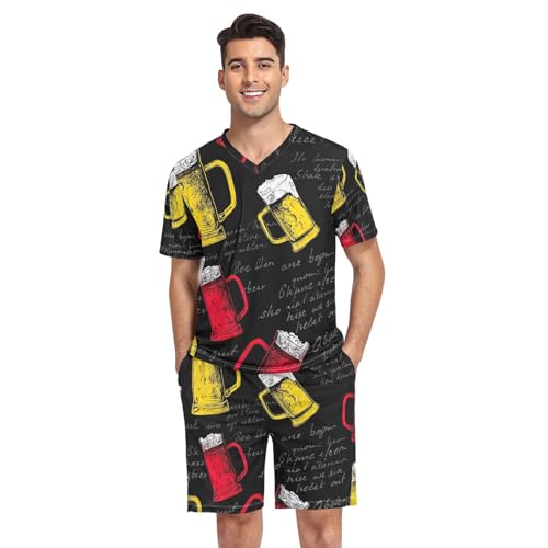 Red Yellow Mugs Beer Black Men's Pajama Sleep Sets Short Sleeve V Neck 2 Pcs Pjs Nightwear Summer, Small