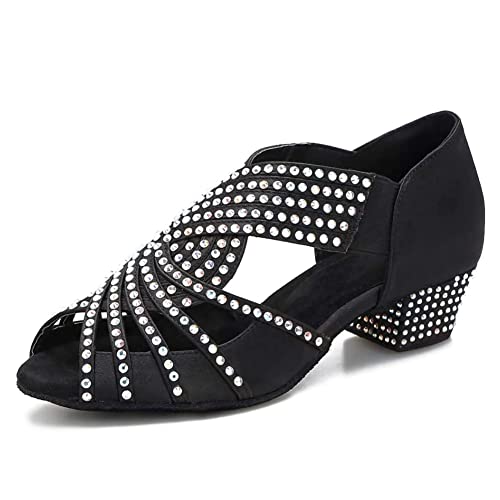HIPPOSEUS Women's Rhinestone Dance Shoes Slip on Ballroom Salsa Bachata Performance Practice Dancer Shoes Low Heel