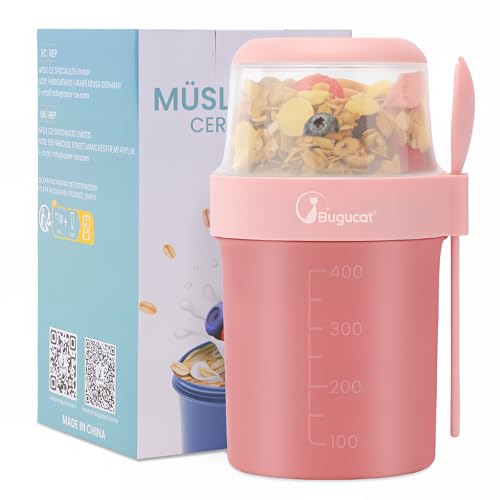 Bugucat Taza de Yogur 560ml+310ml, Porta Yogur y Fruta Vaso de Cereales para Llevar con Tapas y Cuchara, Reutilizable Porta Yogur Vaso Portátil Taza de Cereales con Recipiente para Ensaladas, rosa