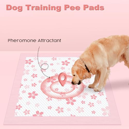 Image of MIZOK 36x36in Puppy Pads Pink, Dog Pee Pads Leak-Proof with Quick-Dry Surface, Dog Pads Extra Large with Cherry Blossom Prints, Pee Pads for Dogs Super Absorbent (100 Count)