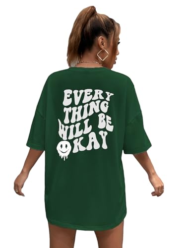 SOLY HUX Women's Oversized T Shirts Graphic Tees Letter Print Casual Trendy Summer Loose Tops Dark Green and White M