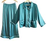 Laura Lily - 2-teiliges Damen-Seiden Pyjama-Set, Schlafanzug mit Knöpfen und Langen Hosen aus Satin, verziert mit gerader Linie, weich, bequem, seidig und lässig, Extra-Qualität, GrünBlau L