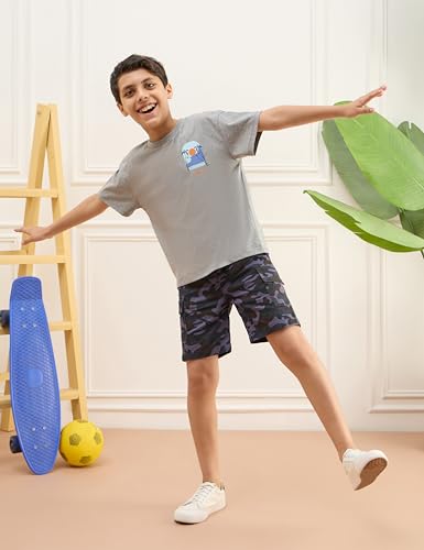 Image of Amazon Brand - Symbol Boy's Graphic Print Oversized Fit T-Shirt and Cargo Shorts (KD-TSB-SS25-10 (6-14 yrs) Grey Melange + Navy Camo 10-12 Y)