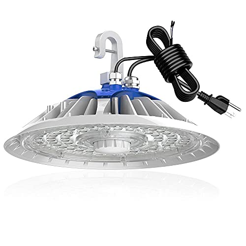 Buy 1 get 1 Konlite LED Round UFO Style Bay Ceiling Light in White Housing, 150W, 23600LM, 5000K, 0-10V Dimmable, 8' Cable with Plug, Ideal Shop Light for Warehouse, Garage, Gym and Barn