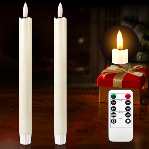 Image of VK Flameless Taper Candles with Remote, Timer, Ivory Battery Operated CandleSticks with 3D Flickering Flame for Christmas Home Wedding Decor Pack of 2 (0.86 X 9.8 Inch)