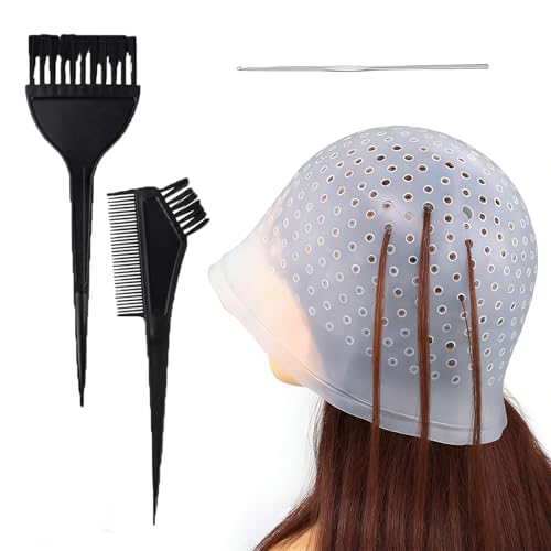 Gorro de Tinte Highlight,Gorro Mechas Silicona Profesional,Accesorios para Teñir el Cabello,Mechas Peluqueria de Silicona con Peine et Cepillos de Tinte Gancho Coloración,para Uso en Casa,en Salón