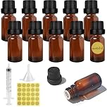 Furuising 10Pcs 10ml Amber Glass Bottles, Small Essential Oil Bottle, Empty Refillable Dropper Bottles with Black Cap, Sample Container with 3ml Syringe, Funnel, Sticker for Aromatherapy Oils Perfume