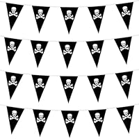 10M/32FT Pirate Bunting, Halloween Outdoor Decorations Pirate Accessories Flag Pirate Themed Party Indoor Outdoor Decorations Black Skull Crossbones Pennants