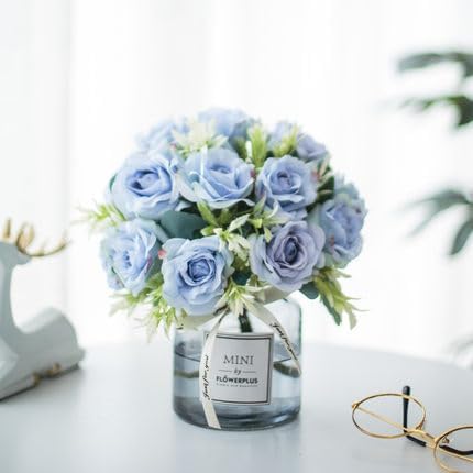 Miniatura 8 de Sunnyskar - Juego de flores artificiales pequeñas, arreglos de macetas de Ikebana, arreglos florales de mesa, flores falsas y jarrón (color N)