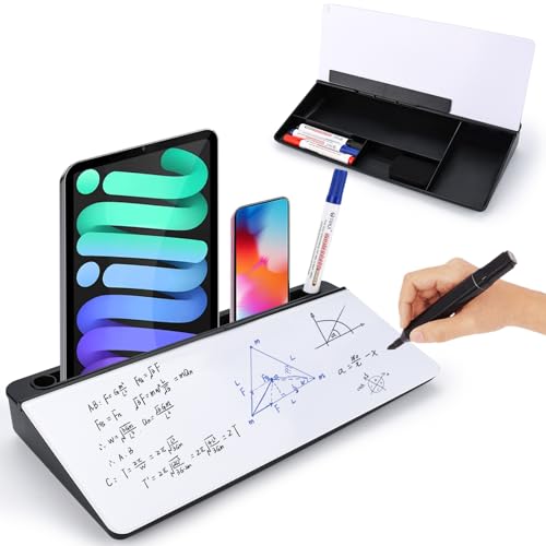 BBWELL Pizarra Blanca de Cristal, Organizador de Escritorio con Almacenamiento, para Hogar, Oficina (con 3 Marcador, Borrador & 2 Bloc de Notas)