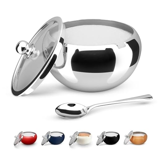KooK Large Sugar Bowl, Stainless Steel With Glass Lid, Includes Stainless Steel Spoon, Holds 2 cups of Sugar, 16.9oz