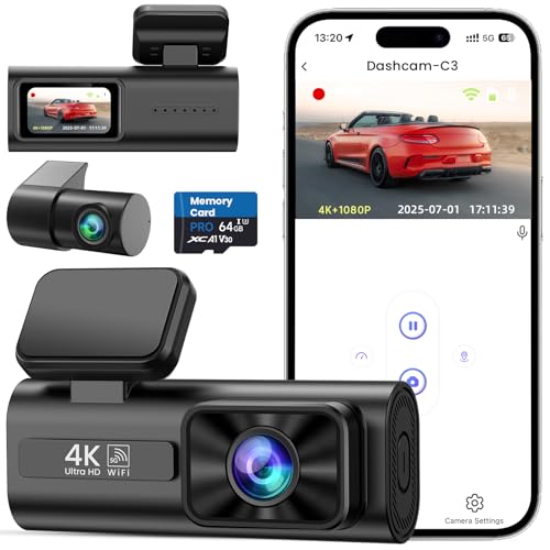 TINAZEOK Dash Cam Front and Rear 4K+1080P, 5GHz WiFi, Dual Dashcam with 64GB Card, App Control,...