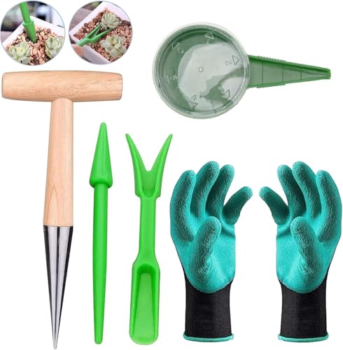 Juego de Herramientas de jardín de 5 Piezas, Herramientas y Guantes de Madera para Plantar bulbos de Flores, Herramienta para Plantar Madera, plantador de jardín de Madera