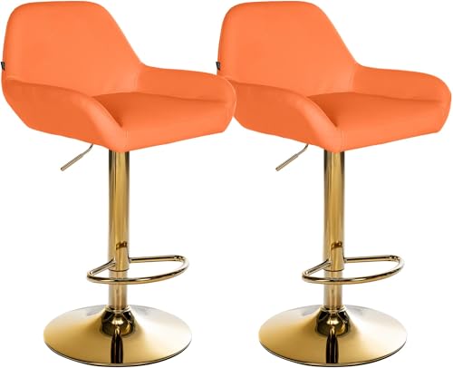 CLP Lot de 2 tabourets de Bar Braga recouverts de Similicuir avec Structure dorée I Réglable en Hauteur et pivotant sur 360°, Couleur:Orange