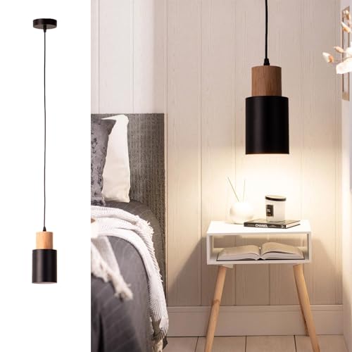 Alpinaluz Lampada da soffitto a sospensione - stile nordico minimalista - paralume cilindrico Ø10 cm in acciaio laccato nero con dettaglio in legno naturale - Attacco E27 per cucina, sala da pranzo e