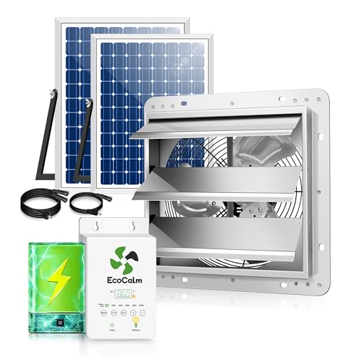 ecoCalm 10' Solar Exhaust Fan for Greenhouse with Battery and Adjustable Thermostat, Attic Fans for...