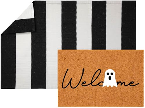 Maasechs 2 Pcs Halloween Doormat 24'' x 35'' Black White Stripe Outdoor Rug and 24'' x 16'' Ghost Coir Doormat Welcome Mat Non Slip Floor Mat for Outside Entrance Front Porch(Halloween)