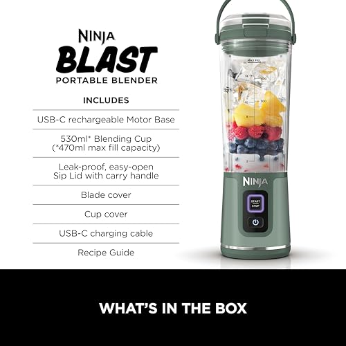 Image of Ninja Blast Portable Cordless Blender (BC151INEM) - 530ml | USB-C Rechargeable | Crushes Ice & Frozen Fruit | BPA Free, Leak-Proof Travel Lid Forest Green