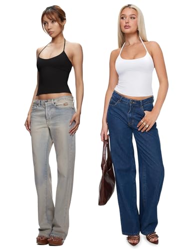 REORIA Women's Sexy Halter Backless Double Lined Tank Top Y2k Trendy Camisole Crop Tops4