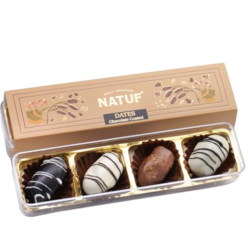 Image of NATUF Dates Chocolate Gift Box - White & Dark Chocolate Coated Dates | Luxurious Middle Eastern Treat | Premium Chocolate Dates Sweet Gift Box for Gifting & Snacking | 100% Plant-Based Healthy Snack | 4 Pcs (68g)