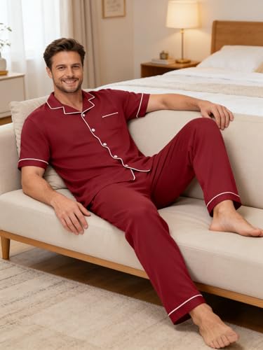 Image of Mens Pajamas Set Short Sleeve Sleepwear Button Down Loungewear Set Soft Modal 2Pcs Pj Set with Pockets S-3XL