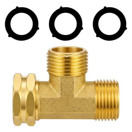 Garden Hose Tee Adapter Brass Tee Fitting 3/4 GHT Swivel Female x Male x Male Water Pipe Connector Heavy Duty 3 Way Splitter T Shaped Adapter for Outdoor Faucet Hose Bib Drip Irrigation